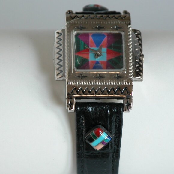 Vtg 80s 90s Watch Southwest Turquoise Inlay NOS Rainbow Timepiece - Picture 11 of 12